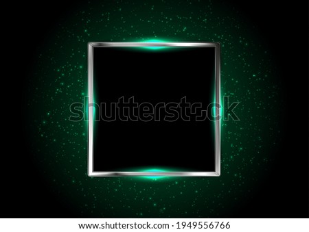 Metallic square framework with green neon lights. Glowing bokeh vector background