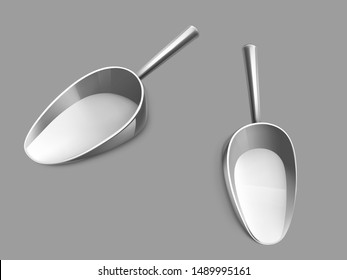 Metallic or stainless steel scoop with glossy chrome handle side, top view 3d realistic vector isolated on grey background. Kitchen utensil, grocery store tool for bulk goods filling illustration svg