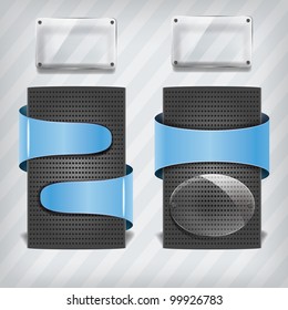 metallic stands with blue labels and transparency frame on the stripped background