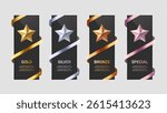Metallic Star Award Trophy Set – Gold, Platinum, Silver, Bronze, and Rose Gold on Black Banner for 1st to 4th Place Winners – Vector Illustration