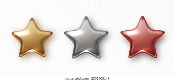 Metallic star isolated. Gold, platinum, silver, bronze star fo award. Christmas design element