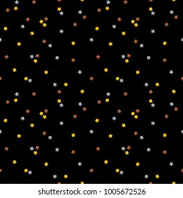 Metallic stars seamless pattern background. Golden, silver and bronze stars confetti, elements on black background.
