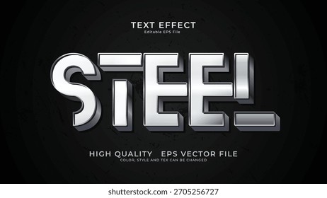 Efecto de texto de acero metálico, estilo de texto editable brillante y elegante
