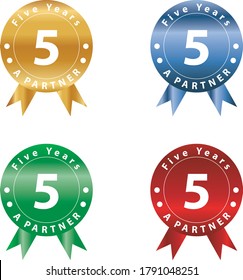 Metallic sticker five years partner, icon, shiny badge, partnership celebration, 5th anniversary, vector illustration, isolated on white background, red, blue, green, gold, colorful ribbon, business