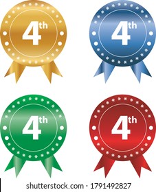 Metallic sticker fourth position, icon,  number four, colorful shiny badge, gold, red, blue, green, vector illustration, isolated on white background, business, academic achievement, fourth