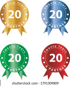 Metallic sticker twenty years partner, icon, shiny badge, partnership celebration, 20th anniversary, vector illustration, isolated on white background, red, blue, green, gold, colorful ribbon