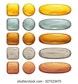 Metallic, stone and wooden buttons set, isolated elements for game or web design