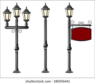 Metallic street lamppost with wooden board. your text here place. Isolated on white background. Vector 3d illustration of retro and modern street lanterns and lampposts. vector object art image eps10