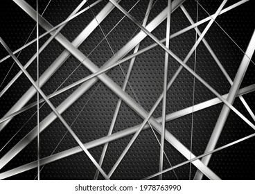 Metallic stripes on dark perforated abstract background. Futuristic vector design
