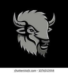 Metallic Style Flat Icon Or Mascot Illustration Of An American Bison Or Buffalo Head Viewed From Side On Isolated Black Background.