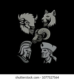 Metallic style flat icon or mascot illustration of a bison or buffalo, bobcat or lynx cat, bighorn sheep, Spartan warrior and an American patriot head on isolated black background.