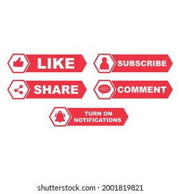 Metallic subscribe button collection with the like, share, and comment section. Red color button collection for social media posts. Red color design for social media.