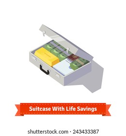 Metallic suitcase with life savings. Capital investment or fund. Flat style isometric illustration. 