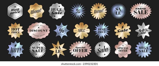 Metallic sunburst badges, price stickers different shapes. Starburst sale labels, promo tags or special offer design elements. Vector illustration set of discount emblem or stamp for retail sales.