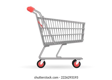 Metallic supermarket pushcart. Side view of realistic shopping cart or trolley. Empty classic cart. Vector illustration