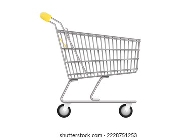 Carro de supermercado metálico. Vista lateral de un carrito de compras o de un tranvía realistas. Carro clásico vacío. Ilustración del vector