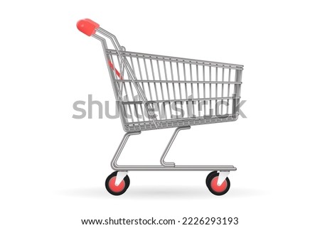Metallic supermarket pushcart. Side view of realistic shopping cart or trolley. Empty classic cart. Vector illustration