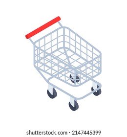 Metallic supermarket trolley with handle and wheels for comfortable shopping 3d icon isometric vector illustration. Traditional buying equipment for putting goods at online store shop isolated