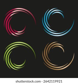 Metallic swirl icon. Shiny circular mark. Abstract motion element. Vector curved figure.