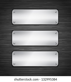 Metallic tablets attached with screws. Blank banners on brushed metallic wall. Vector illustration