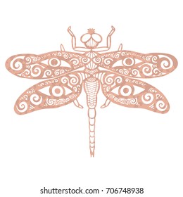 Metallic tattoo Rose gold foil texture Ornate fantasy butterfly with antlers and eyes Decorative totem animal in tribal boho style for greeting cards, invitation, wall art, poster, textile print