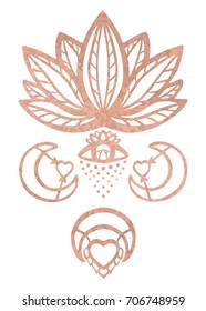 Metallic tattoo Rose gold foil alchemy esoteric symbols, Ornate lotus flower design, decorative eye, moon and heart in ethnic boho style for greeting cards, invitation, wall art, poster, textile print