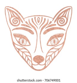 Metallic tattoo Rose gold foil texture Ornate fox face mask, Japanese mythological creature Kitsune, Decorative totem animal in tribal boho style for  wall art, poster, textile, carnival mask template