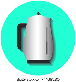 Metallic tea pot, kitchen water boiler, flat style vector illustration on green round background. Electric boiler for hot water. Kitchen table device. Comfortable home appliance. Breakfast drink icon