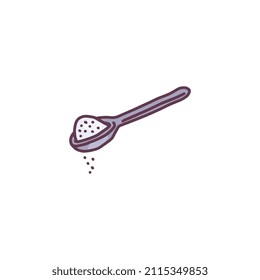 Metallic tea spoon with sea salt or sugar, doodle vector illustration isolated on white background. Hand drawn cutlery icon with seasoning.