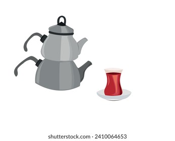 tetera metálica y té negro en la ilustración de vetor de la taza de té de vidrio. Un auténtico té negro turco tradicional con un clásico hervidor de agua y vidrio turco. set de té.  