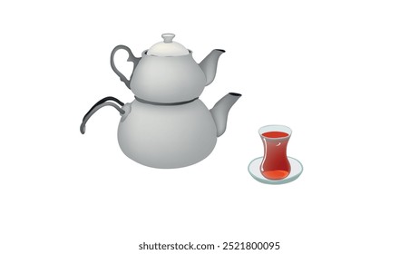 metallic teapot and Black tea in glass tea cup vetor illustration. Turkish authentic traditional black tea in a classic turkish glass and kettle. tea set.