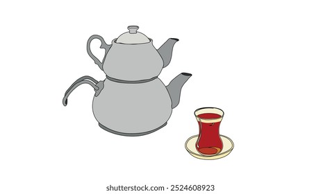 metallic teapot and Black tea in glass tea cup vetor illustration. Turkish authentic traditional black tea in a classic turkish glass and kettle. tea set.