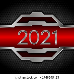 Metallic tech 2021 New Year design on perforated background. Vector illustration
