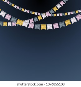 Metallic texture realistic flags garlands background. Party, carnival, festival decorative template