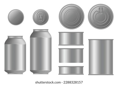 lata metálica para alimentos. Vista frontal, superior o inferior. Modelación vectorial realista del cilindro en blanco, contenedor de aluminio, paquete de acero redondo aislado en fondo blanco