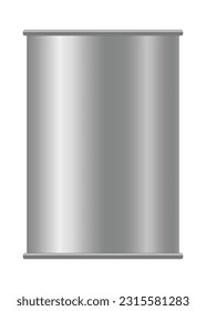 Metallic tin can for food. Front view. Vector realistic mockup of blank cylinder, aluminum container, round steel pack isolated on white background