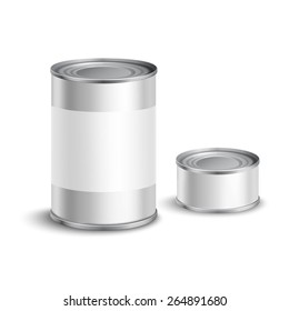 Metallic tin can set with blank white labels for food conservation isolated vector illustration