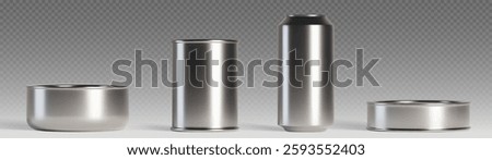 Metallic tin cans set of different sizes and shapes on transparent background. Empty silver containers, beverage cans and food packaging mockup with shiny surface. Steel product presentation template.