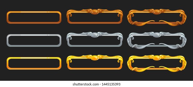 Metallic title banners set for epic game design. Golden, silver and bronze decorative frames. Vector assets for web or GUI development.