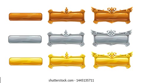 Metallic title banners set for epic game design. Golden, silver and bronze decorative frames. Vector assets for web or GUI development. Isolated on white.