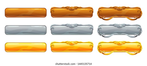 Metallic title banners set for epic game design. Golden, silver and bronze decorative frames. Vector assets for web or GUI development. Isolated on white.