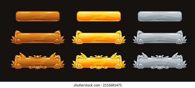 Metallic title banners set for epic game design. Golden, silver and bronze decorative frames. Vector buttons for web or GUI development.