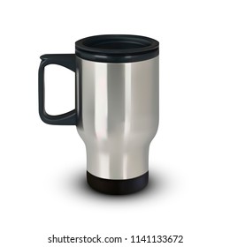 Metallic travel mug
 with black handle on side. Vector illustration.