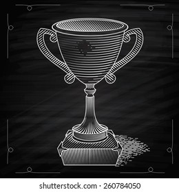 Metallic trophy cup first place winner award. Icon of gold champions cup. Illustration on chalkboard. Vector cup. Hand drawn trophy
