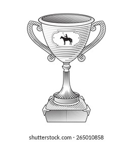 Metallic trophy cup with horse polo player. Champions cup Icon. Sport polo player with mallet. Graphic style. Icon of polo club sport. Eps 8