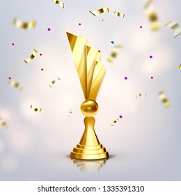 Metallic Trophy Cup Vector. Game Medal. Celebration Ceremony. Competition Symbol. Gilded Metal Object. Leader Tag. Athlete Power. 3D Realistic Illustration