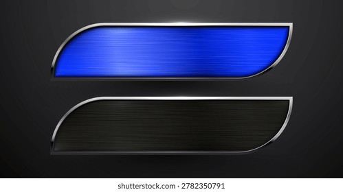 Metallic user interface buttons with blue and black texture for web design and menu navigation. Vector illustration.