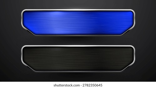 Metallic user interface buttons and frames. Glossy blue and black banners for web design. Vector illustration