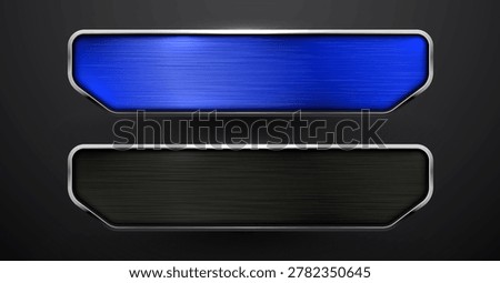 Metallic user interface buttons and frames. Glossy blue and black banners for web design. Vector illustration