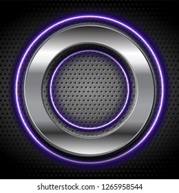 Metallic and violet neon circles on dark grey perforated background. Vector design